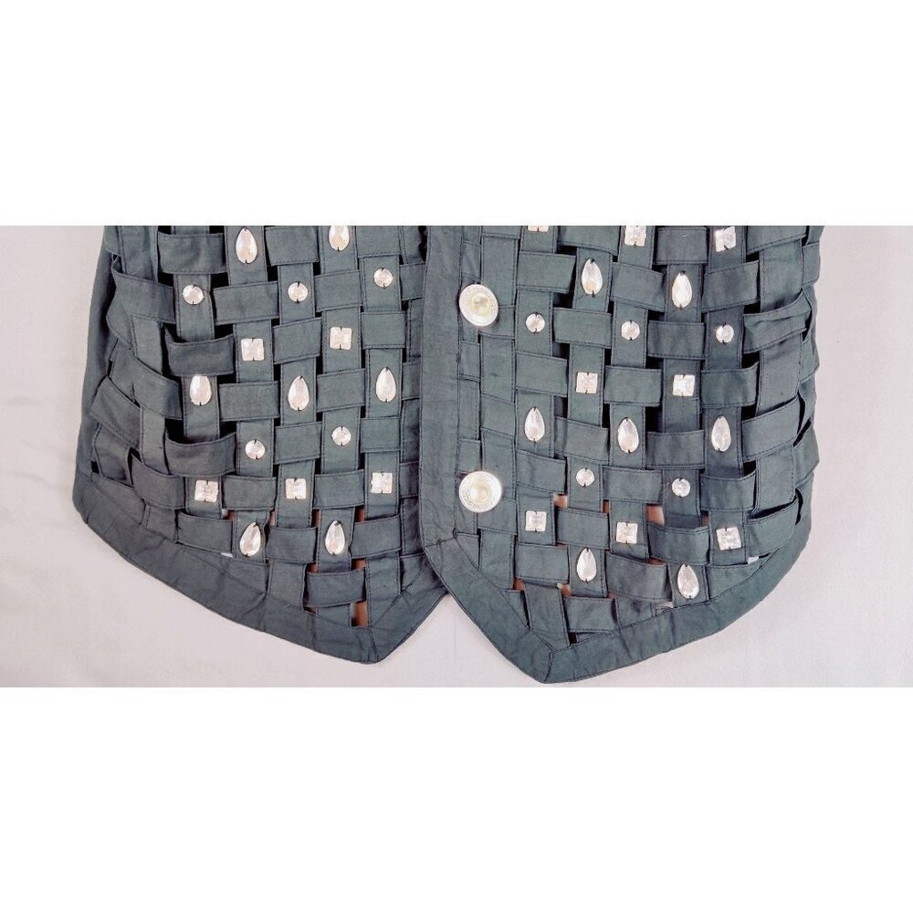 VTG Lattice Woven Vest Black Cotton Rhinestone Ellen Richman Y2K Boho Whimsygoth - Picture 3 of 12